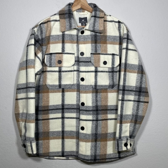 NWT H M Cream Plaid Fleece Felted Button Front Relaxed Fit Overshirt Men Size S - Picture 1 of 9